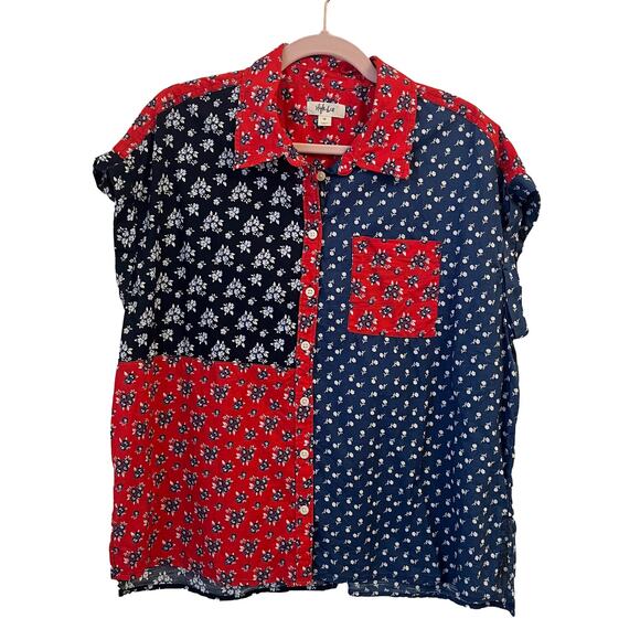 Style & Co Button Up Shirt Women’s 1X Cotton Red Blue Patchwork Ditsy Floral - Picture 2 of 12